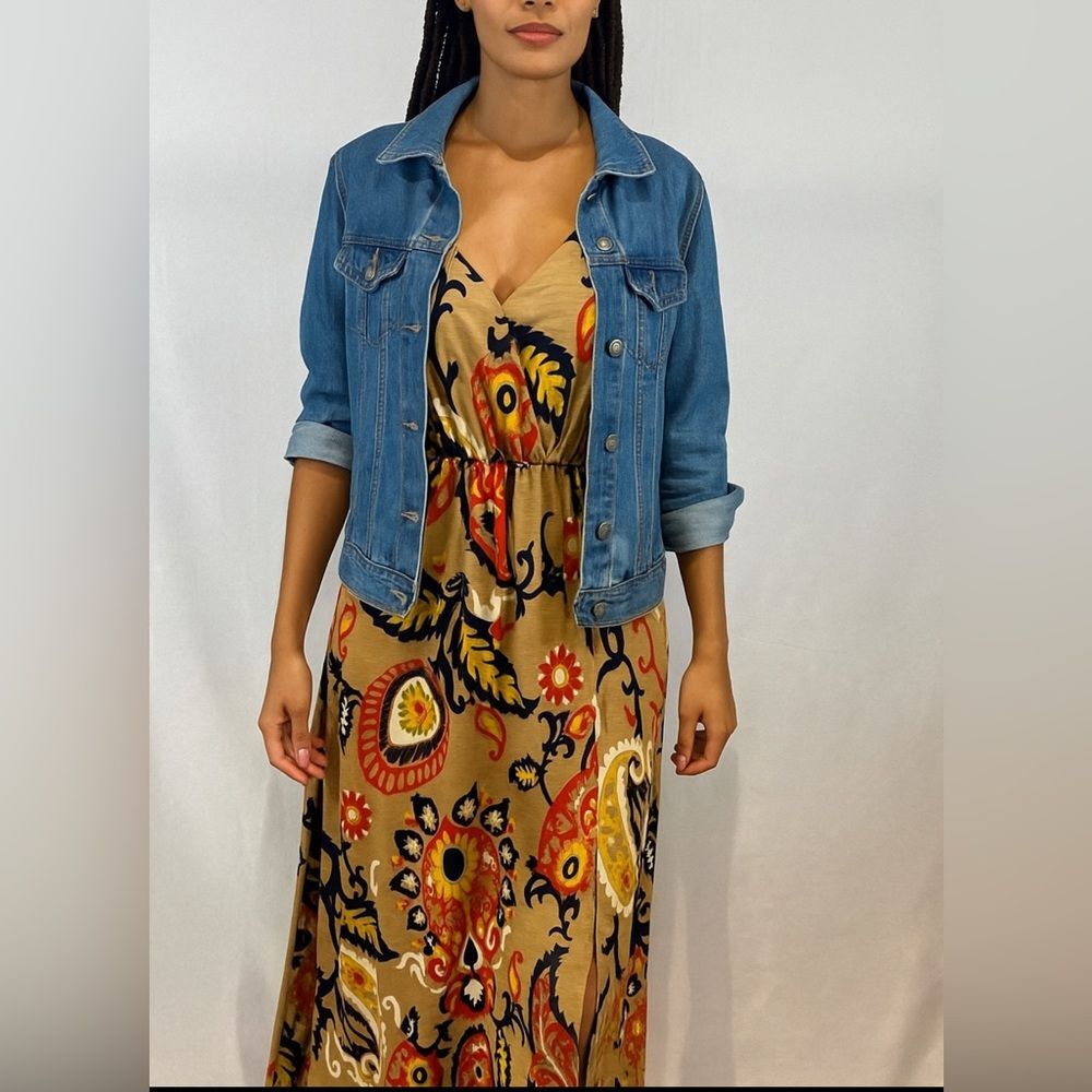 Freeway mocha navy burnt orange and mustard yellow paisley maxi dress large